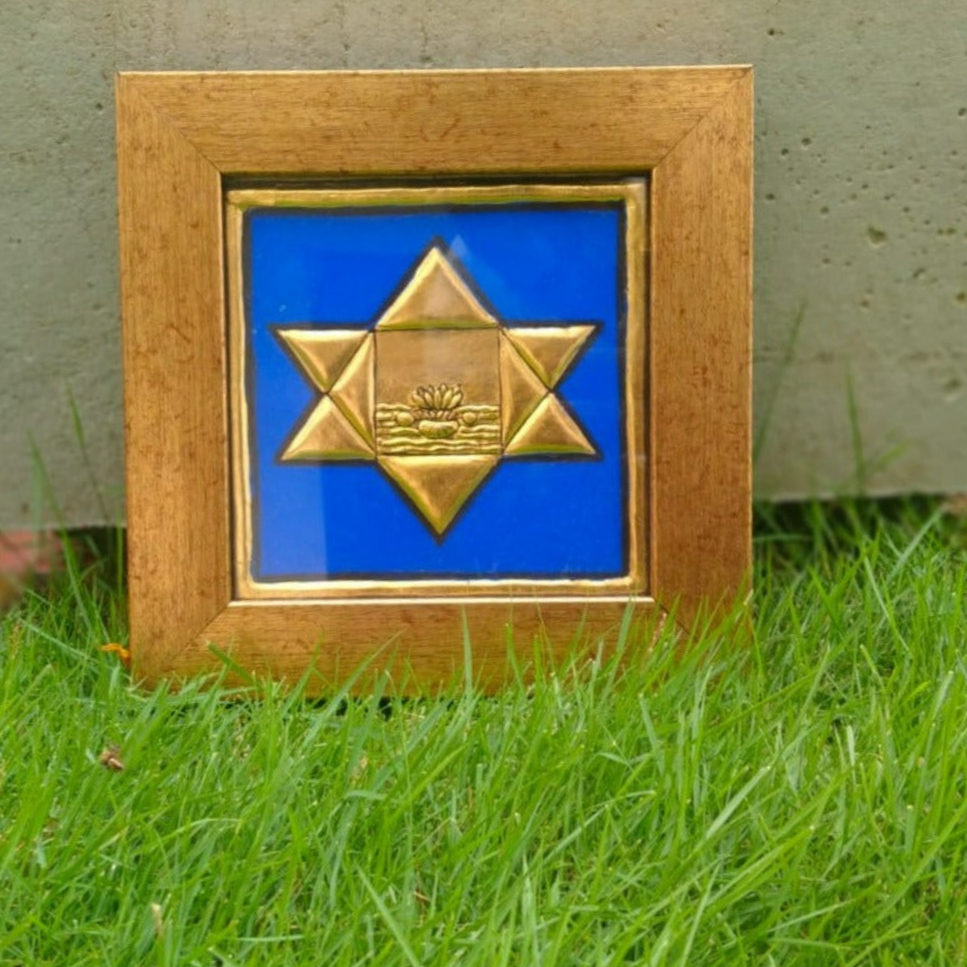 Sri Aurobindo's Symbol Blue Tanjore Art in 22 Carat Gold & Wooden Frame