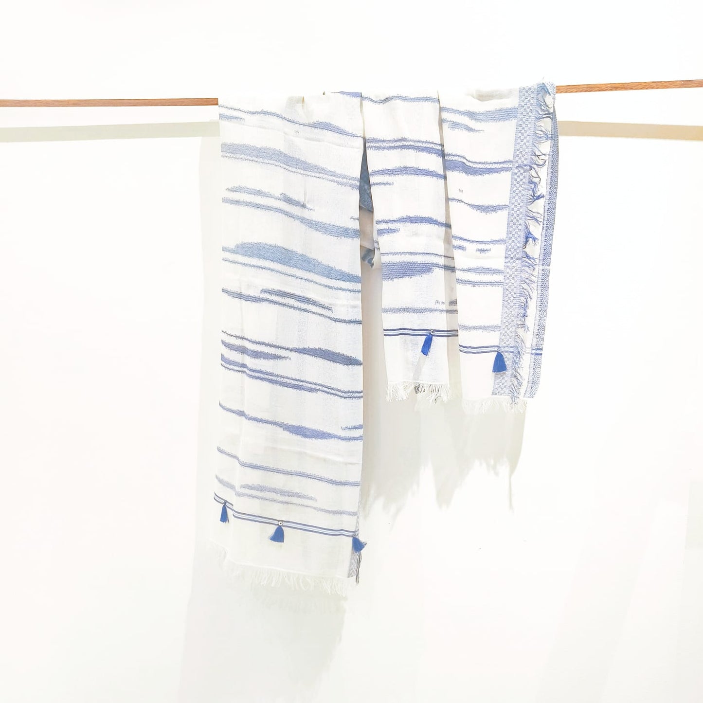 white-hand-woven-blue-stripe-pattern-with-tassel-cotton-in-aura-store-pondicherry