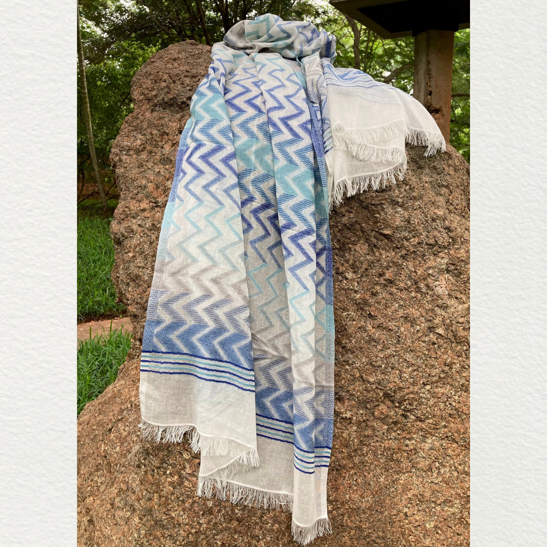 White Soft Cotton Blue Zig Zag Stole