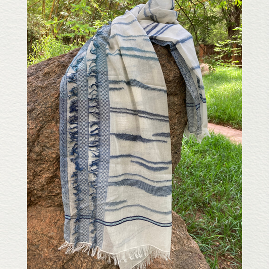 White Soft Cotton Stole with Blue Stripes