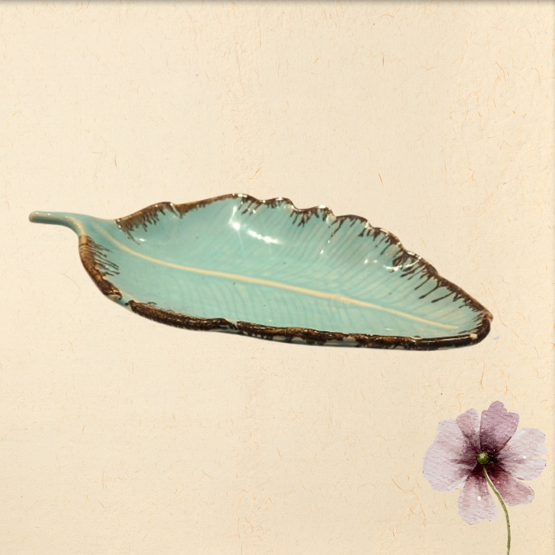 aura ceramic leaf serving tray | elegant leaf platter for snacks & serving