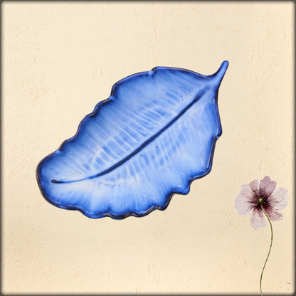 aura blue ceramic leaf serving tray | elegant leaf platter for snacks & serving