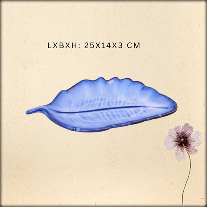 aura blue ceramic leaf serving tray | elegant leaf platter for snacks & serving