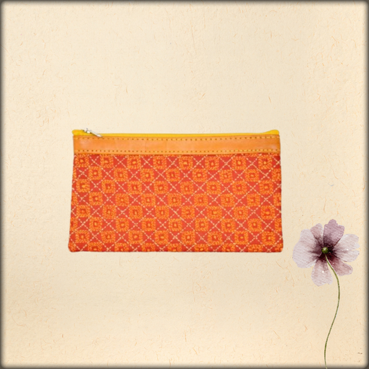 handmade kantha embroidered silk purse with leather zip