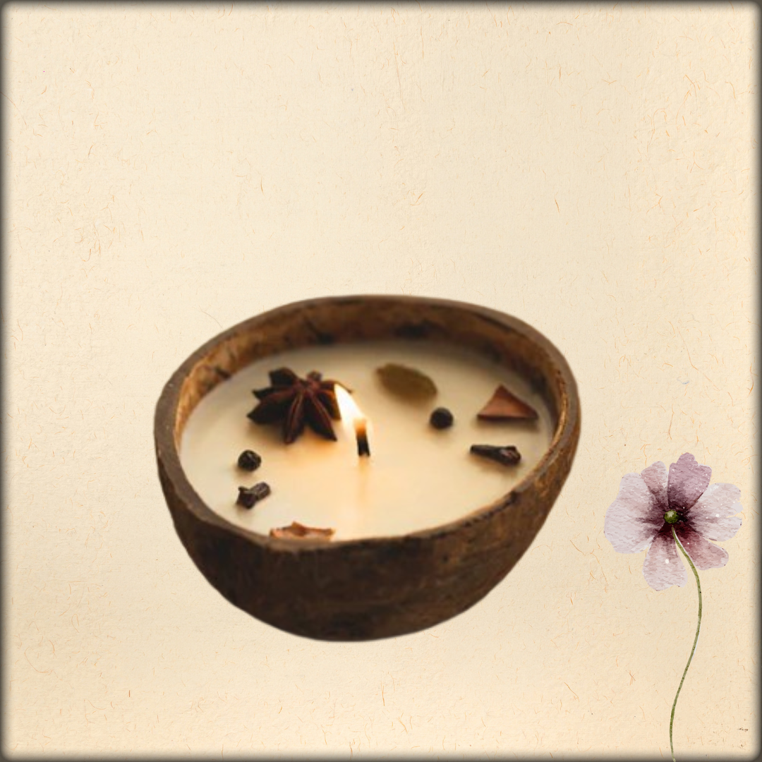 aura coconut shell spice candle diya | eco-friendly soy wax