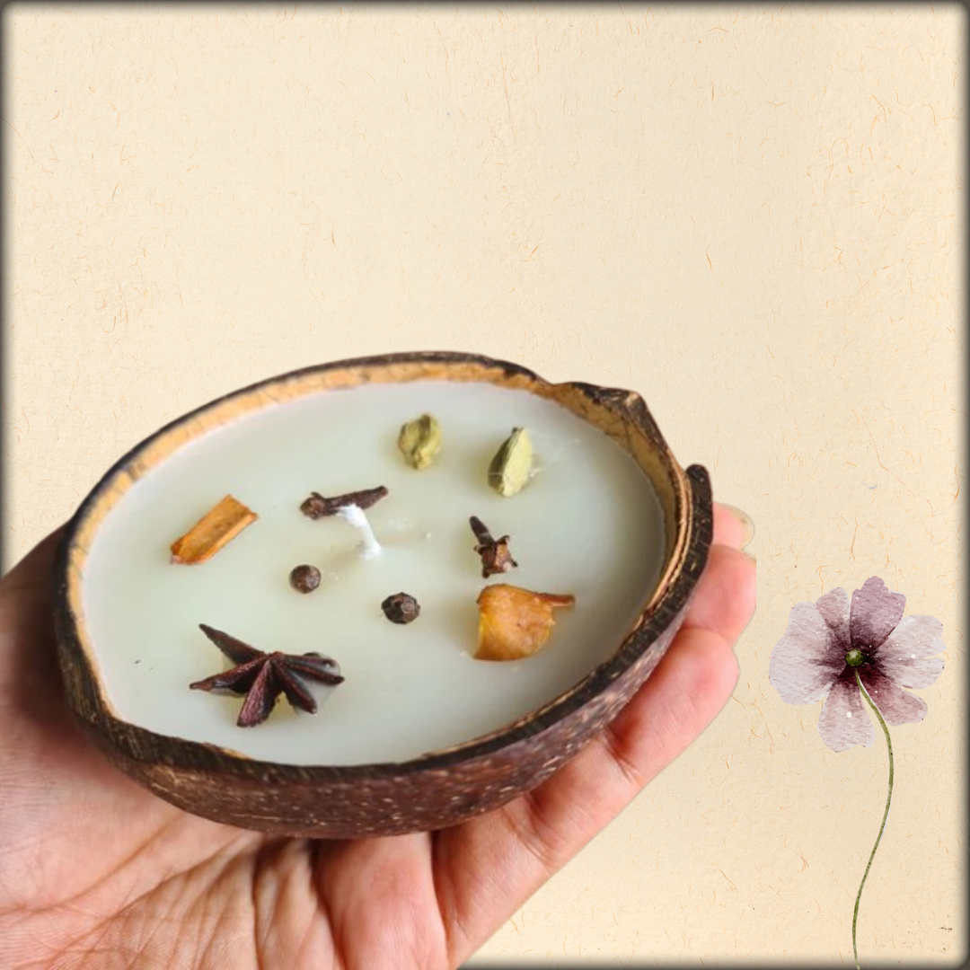 aura coconut shell spice candle diya | eco-friendly soy wax