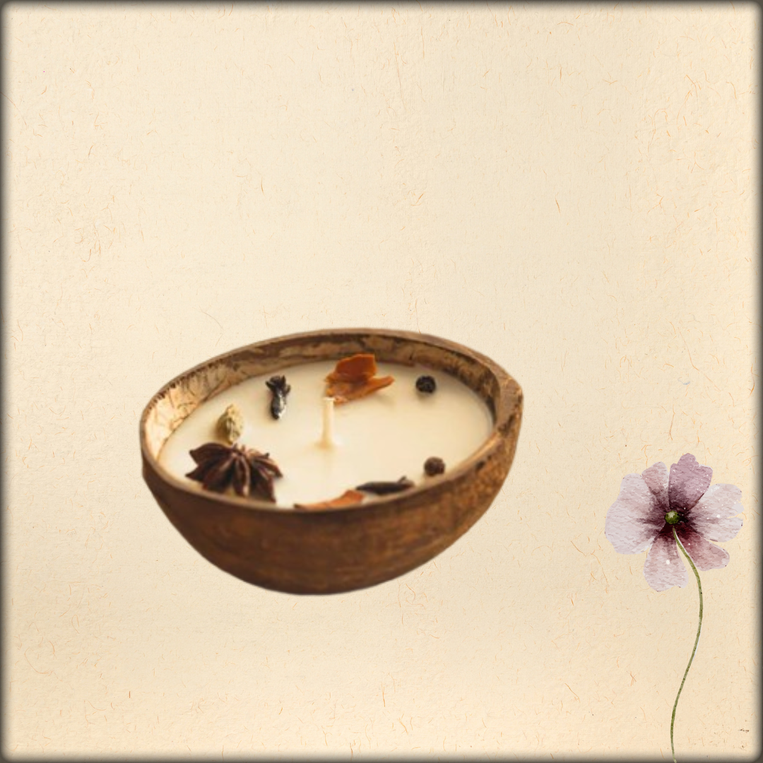 aura coconut shell spice candle diya | eco-friendly soy wax