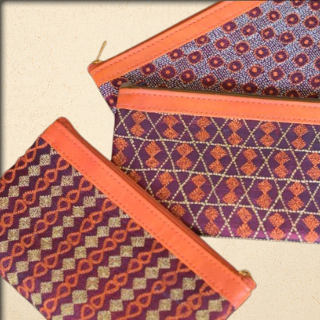 handmade kantha embroidered silk purse with leather zip