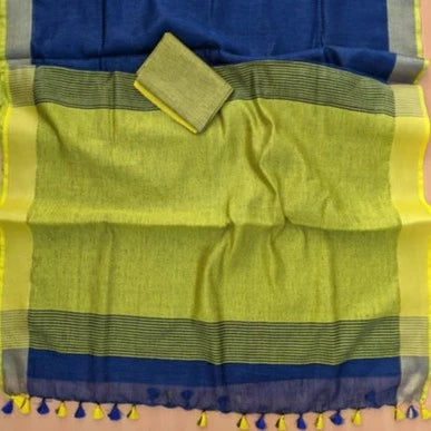 Blue Handwoven Linen Saree With Zari Border