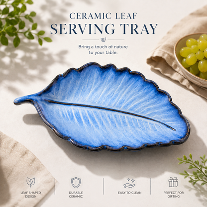 aura blue ceramic leaf serving tray | elegant leaf platter for snacks & serving