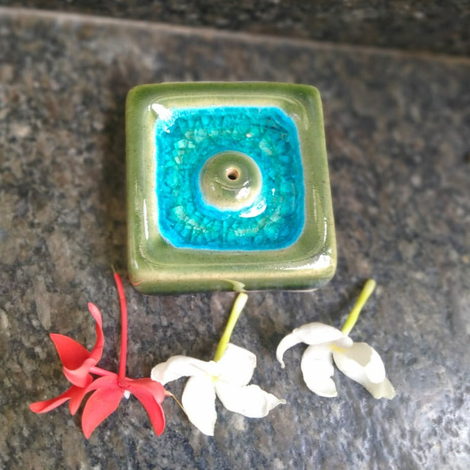 Handmade Ceramic Incense Holder Square Pooja Decor