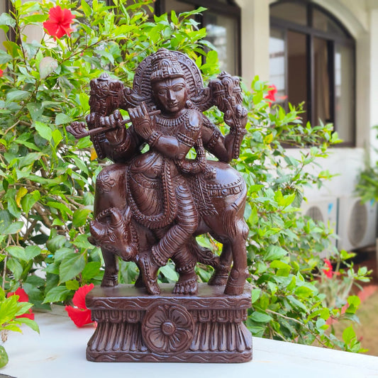 Hand crafted Wooden Statue - Sri Krishna with Kamdhenu