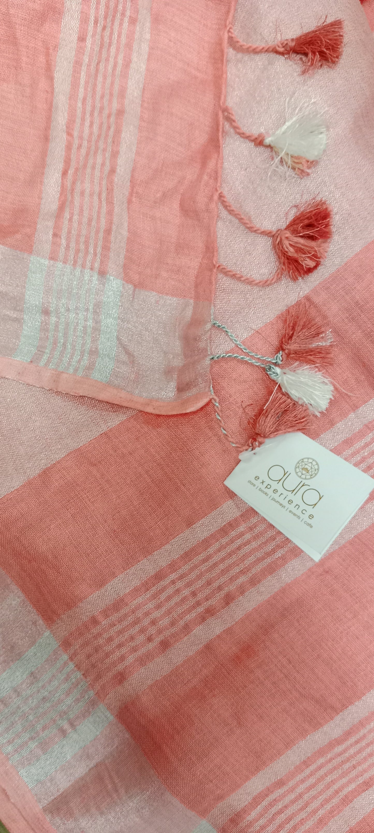 Peach Linen Saree with Silver Zari Woven Border