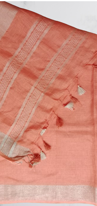 Peach Linen Saree with Silver Zari Woven Border