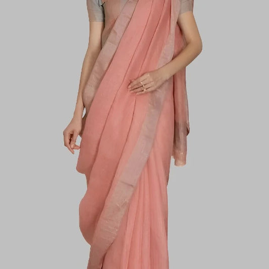 Peach Linen Saree with Silver Zari Woven Border