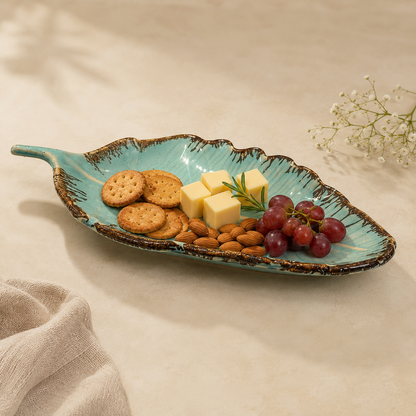 aura ceramic leaf serving tray | elegant leaf platter for snacks & serving