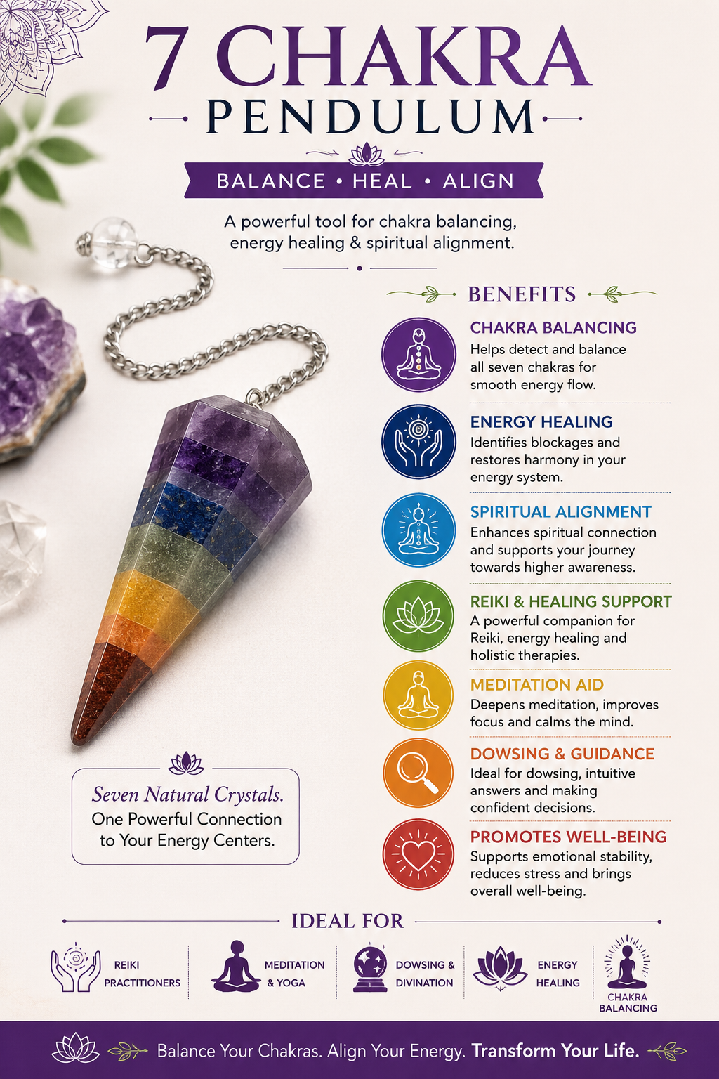 aura seven chakra dowsing cone pendulum | natural crystal healing tool