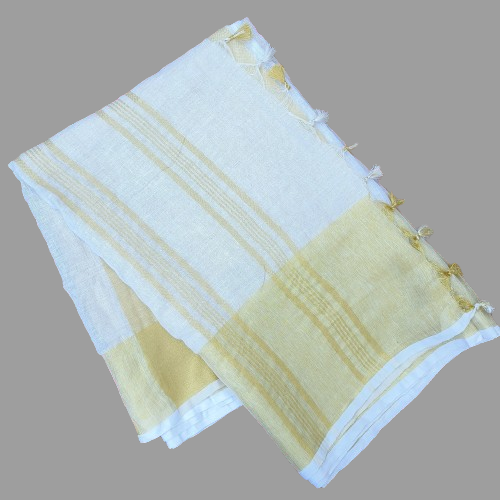 White Linen Golden Zari Border Saree