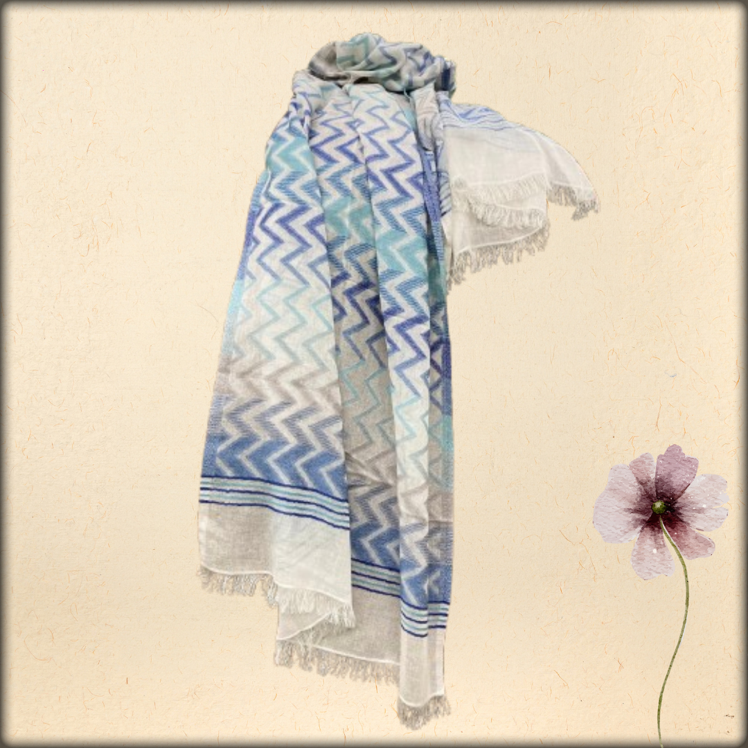 white and blue zig zag soft cotton extra-weft stole