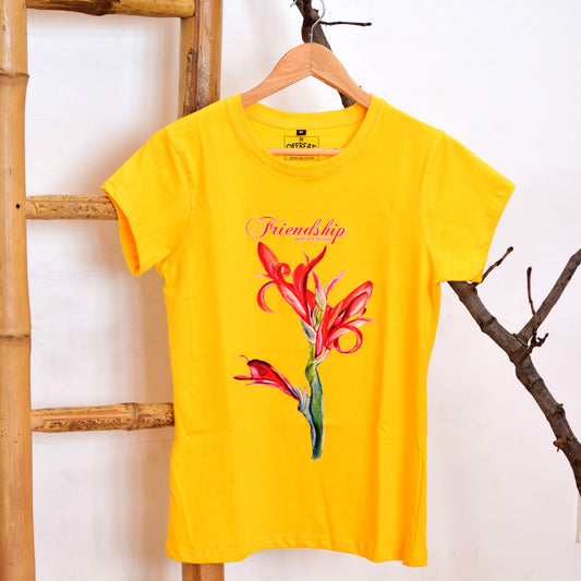 Women's Yellow Round Neck T Shirt - Friendship