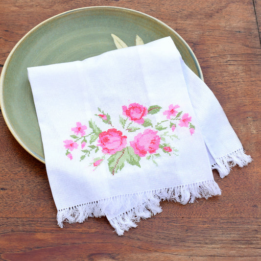 White Embroidered Cross Stitch Hand Towel