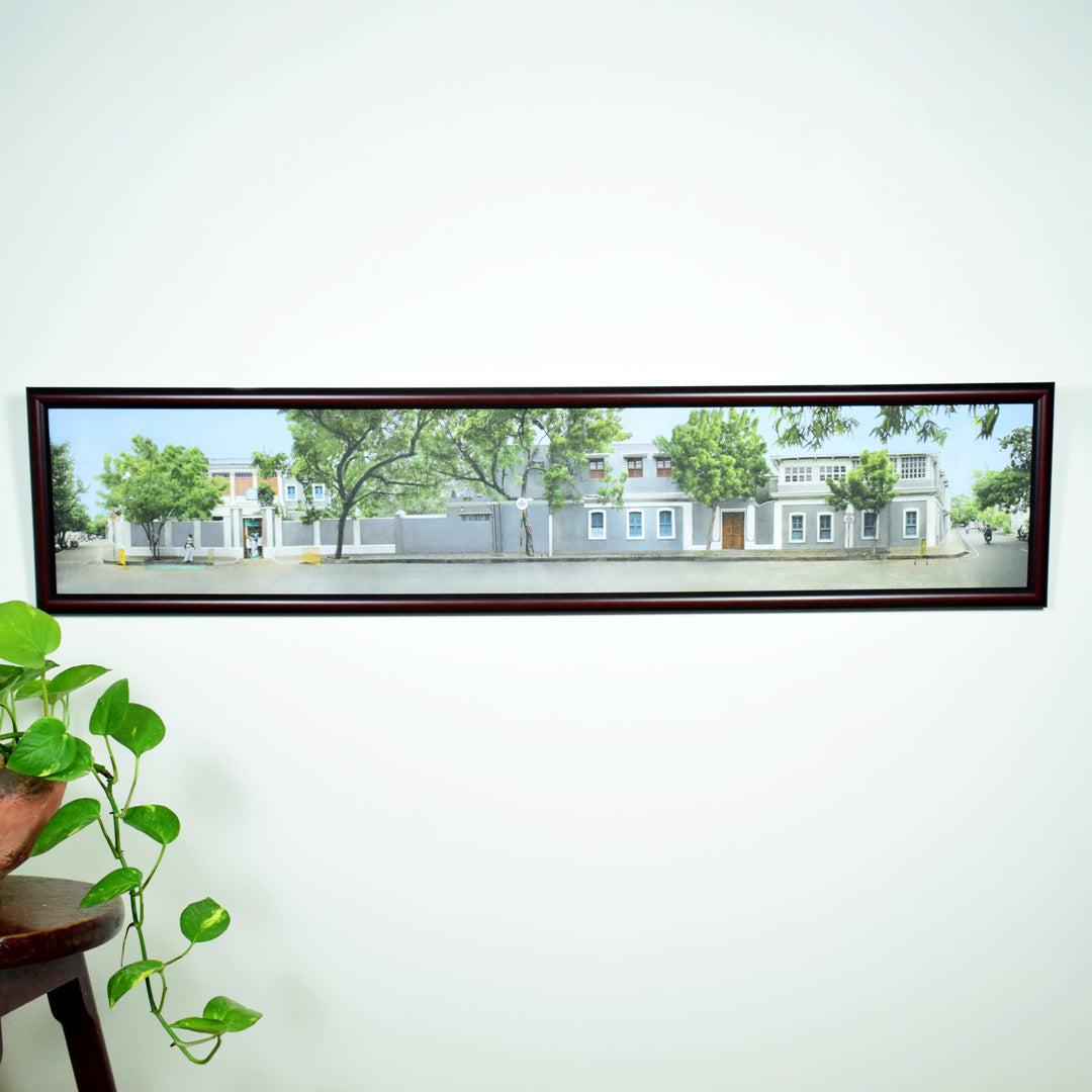 auspicious rectangular wooden photo frame capturing panoramic view of sri aurobindo ashram pondicherry marketed by aura store