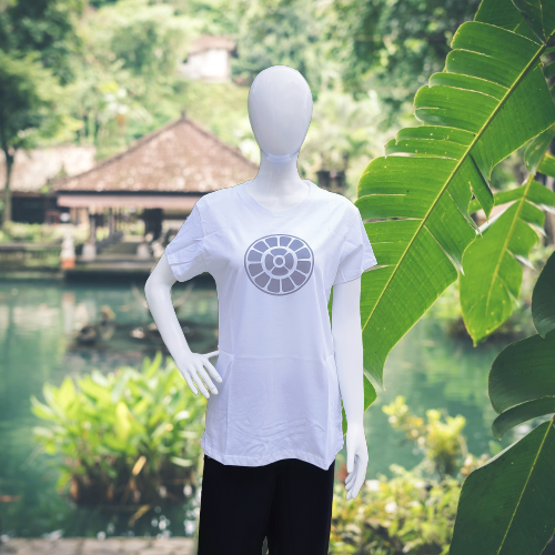 shop white cotton t-Shirt for women depicting the mother's symbol from sri aurobindo ashram pondicherry marketed by aura store