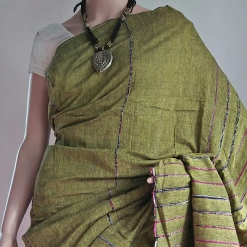 gurkha-Green-color-khesh-saree-draped-over-a-mannequin-for-women-in-aura-store-pondicherry