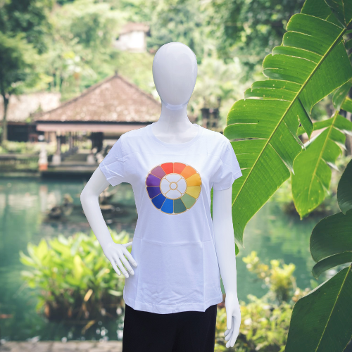 shop white cotton multicoloured the mother's symbol t-Shirt for women from sri aurobindo ashram pondicherry marketed by aura store