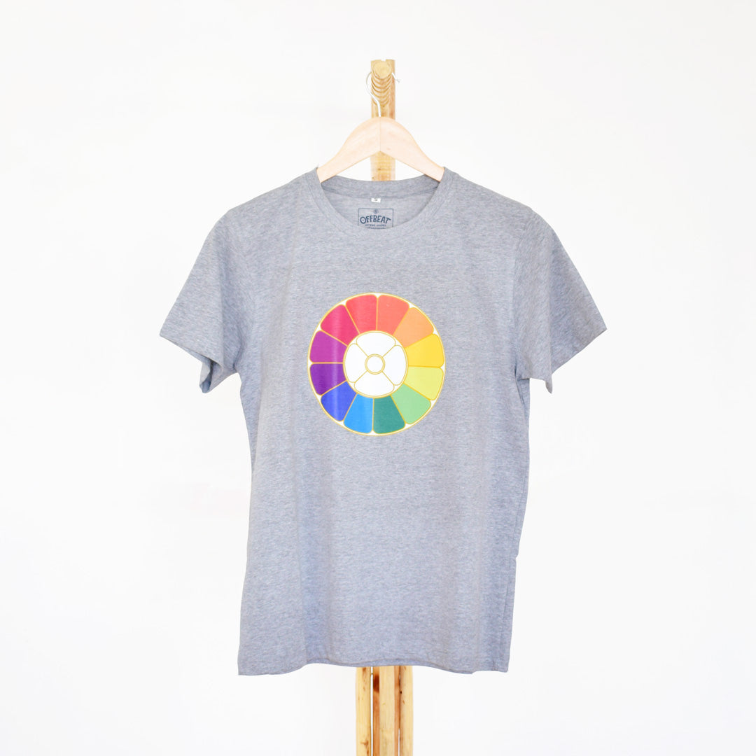 shop grey cotton the mother's multicoloured symbol t-shirt for men from sri aurobindo ashram pondicherry marketed by aura store