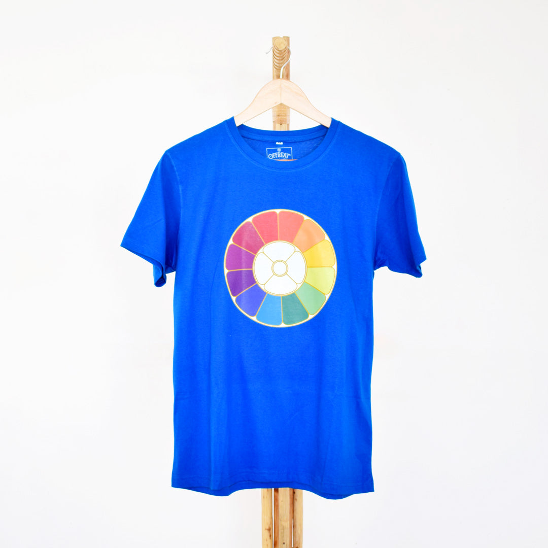 shop blue cotton the mother's multicoloured symbol t-shirt for men from sri aurobindo ashram pondicherry marketed by aura store