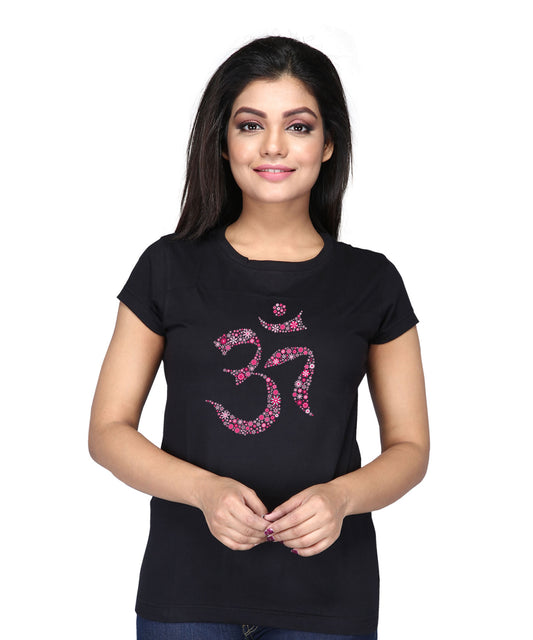 Women's  Black Round Neck T Shirt - Flower Om