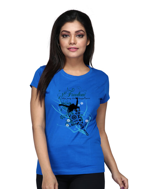 Women's  Electric Blue Round Neck T Shirt - Freedom The Way To Happiness