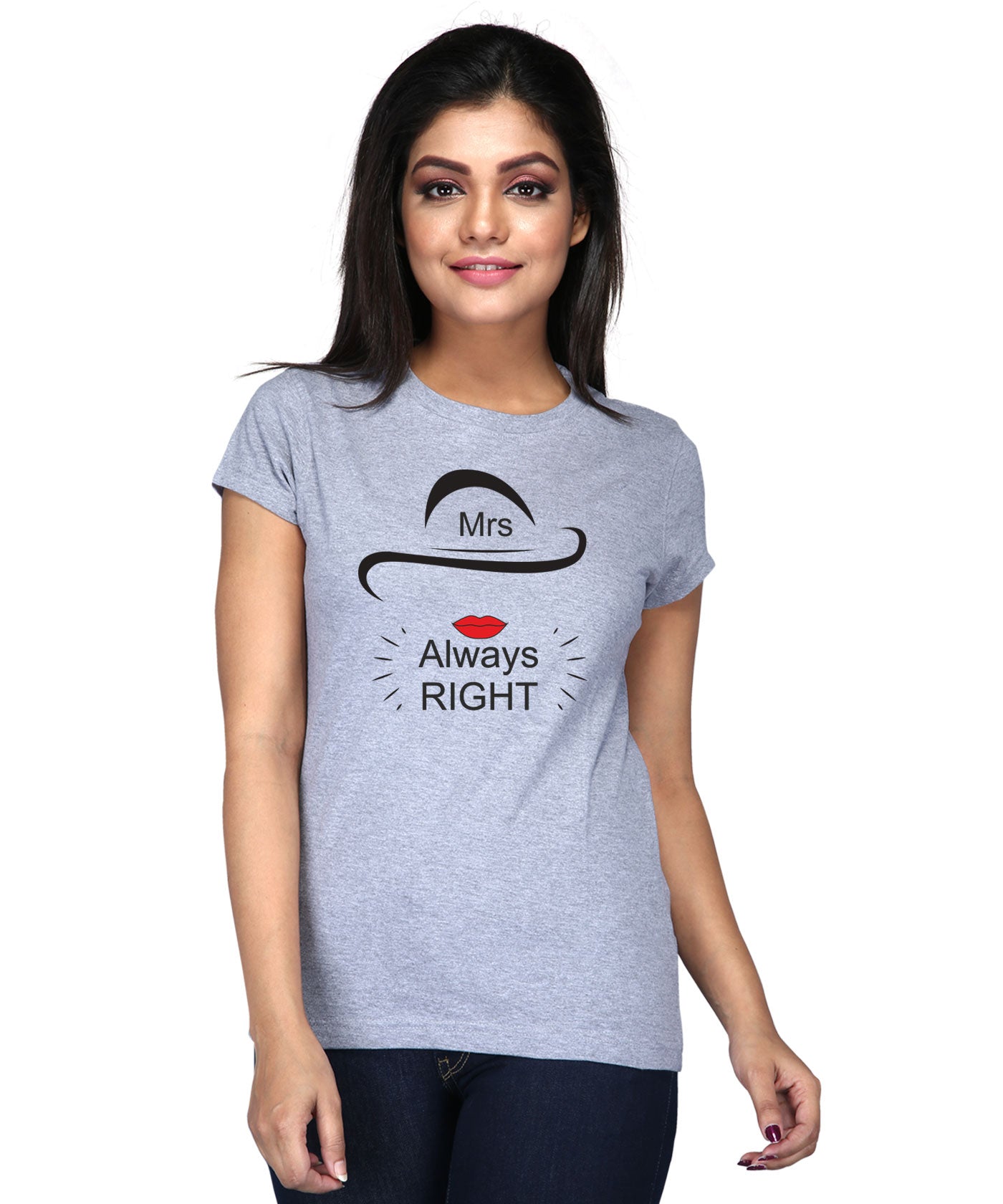 Women's Grey Melange Round Neck T Shirt -Mrs. Always Right