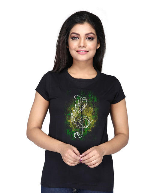 Women's Black Round Neck T Shirt - Music Note