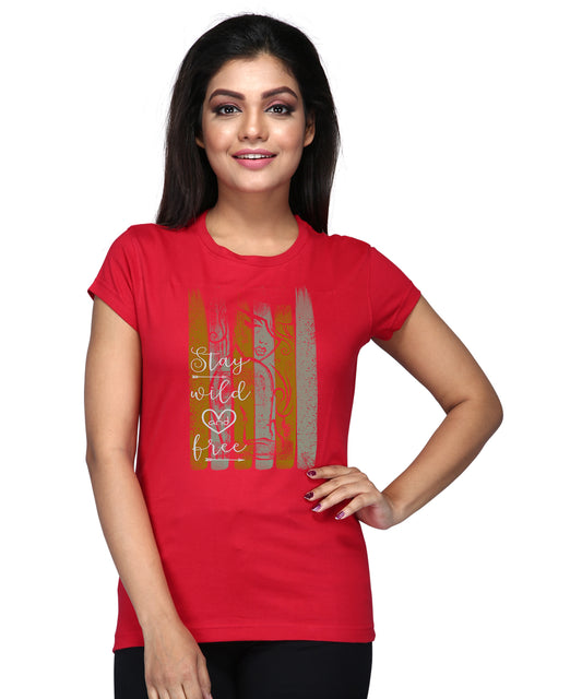 Women's Red Round Neck T Shirt - Stay Wild and Free