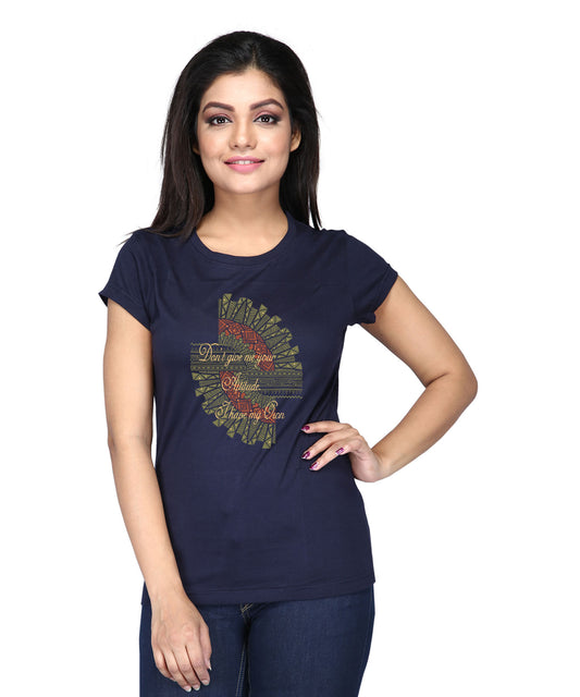 Women's Navy Blue Round Neck T Shirt - My Own Attitude