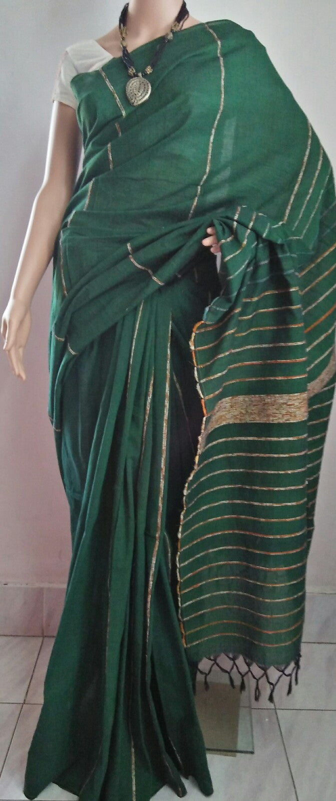 Dark Green Cotton Handloom Khesh Saree