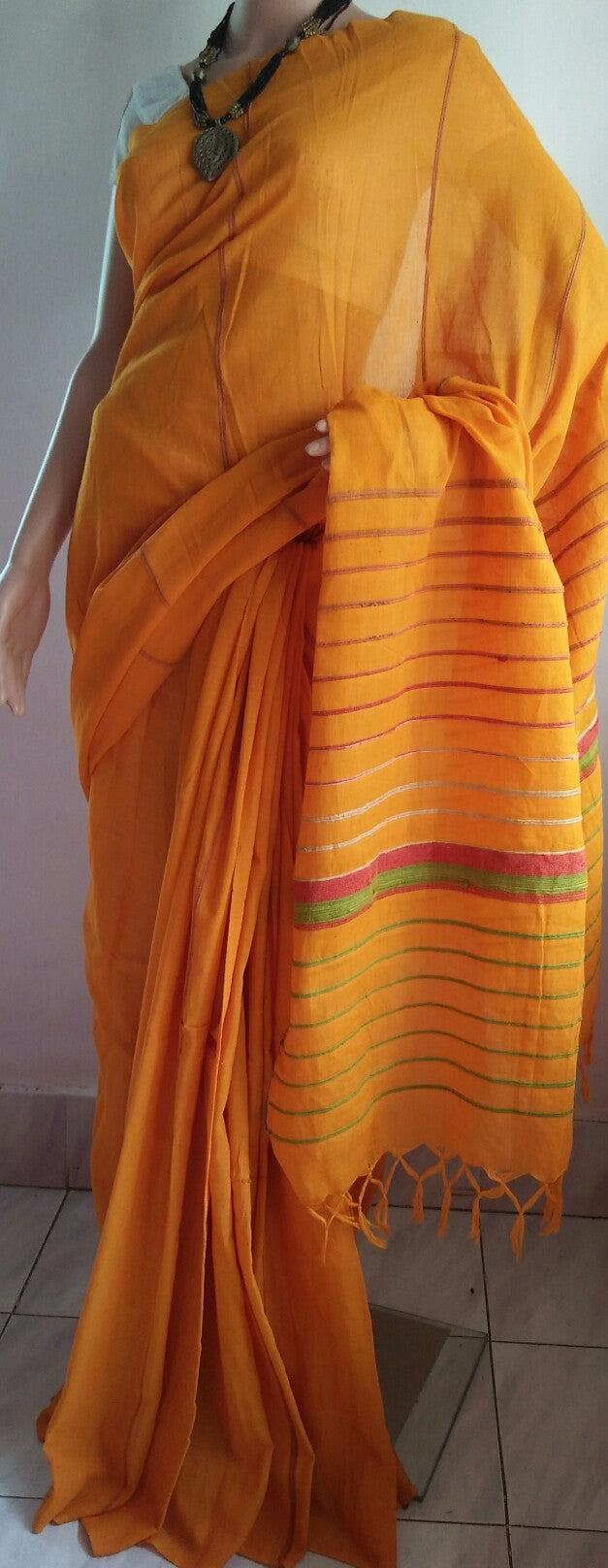 online-shopping-khesh-saree-full-view-elegant-yellow-color-light-weight-in-aura-experience-store-pondicherry