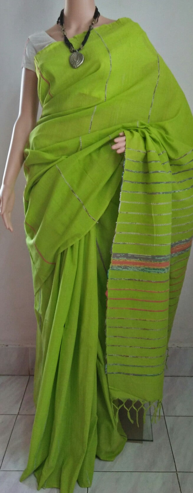 Handloom Lime Green Light Weight  Khesh Saree